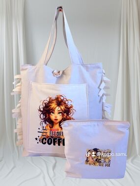 White Canvas Tote with Illustrated Front Pocket and Matching Pouch